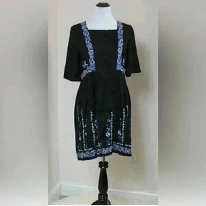 French Connection Black Embossed Brocade Blue Embroidered Floral Dress